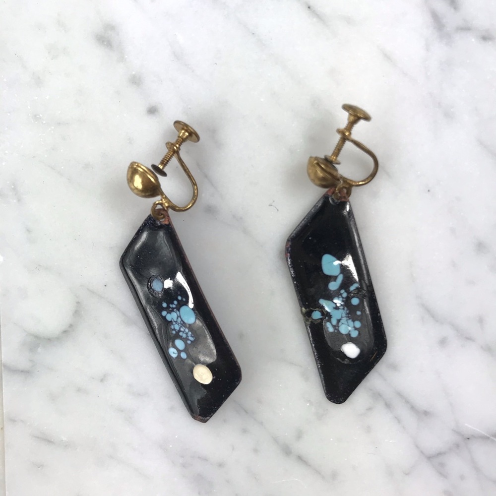 Vtg 50s atomic enamel screw on dangle earrings